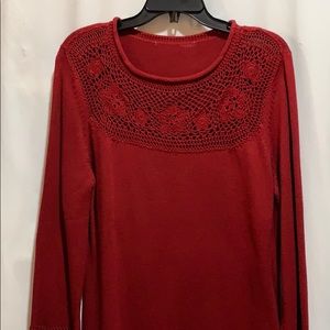 SWEATER RUBY RED CROCHETED YOLK/SLEEVES NO TAGS